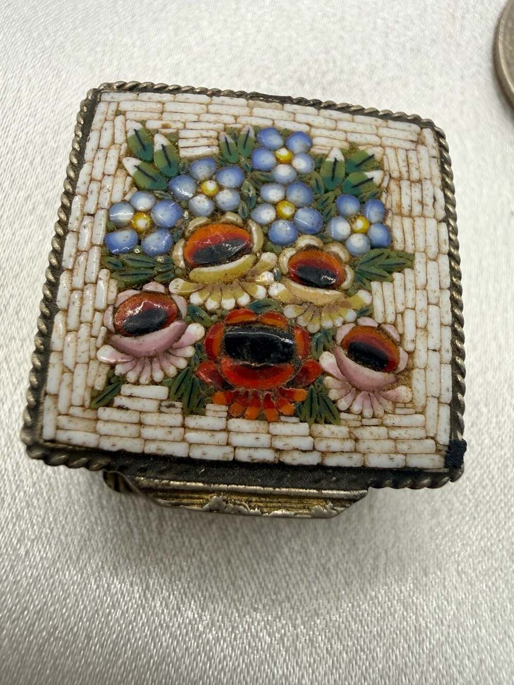 Vintage Italian Micro Mosaic Floral Pill Box Trinket